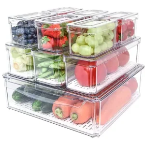 10 Pack BPA Free Clear Transparent Fridge Organizer Stackable Storage Bins Lids Produce Fruit Containers Freshness Preservation