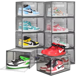 10 Pack Black Thicken Snekaer Container Cabinet Upgraded Sturdy Shoes Organizer Stackable Drop Side Door Shoes Box