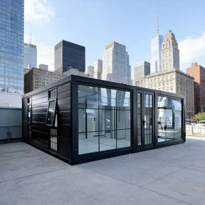 10ft Modern Expandable Container Home Flat Roof Full Glass Windows 4-in-40HQ Light-Filled Studio for Backyard Gym Office