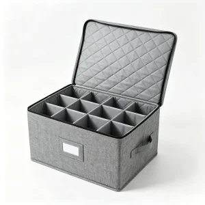 12-Compartment Glassware Storage Box, Cationic Fabric Zippered Organizer with Quilted Lining & Removable Dividers