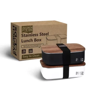 1200ml 1000ml Portable Bento Box Meal Prep Container Stainless Steel Lunch Box with Acacia Wooden Lid Print