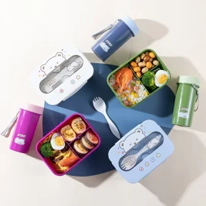 1200ml Kids Lunch Box Set With Fork Cute Plastic Bento Box 3 Compartments BPA Free Leak Proof Water Bottle