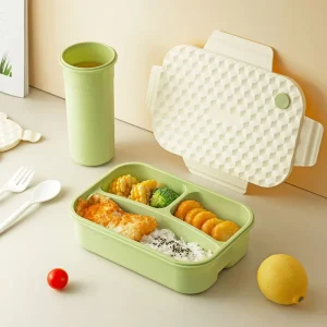1250ml Plastic 3 Grids Food Container and Water Bottle Set Student Microwaved Lunch Box with 500ml Buckle Water Cup
