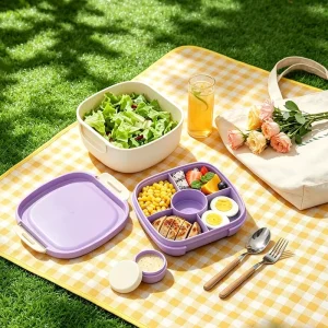 1500ml Large Capacity Double Layer Bento Lunch Box BPA Free Food Grade PP Lunch Container with 5 Compartments Sauce for School