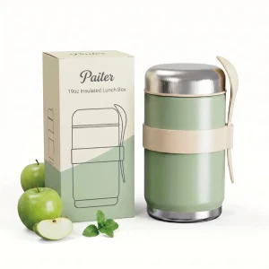 19 oz Food Grade Stainless Steel Dual Tier Vacuum Insulated Leak Proof BPA Free PP Lid Lunch Container with Spoon