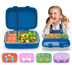2 Compartment Stainless Steel Inner Tray Bento Box for School Children Multicolour Lunch Box with Two Latch