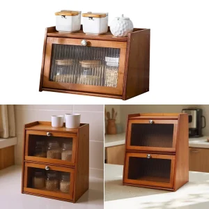 2 Layer Modern Wood Bread Box Large Olive Wood Bread Box Wooden Bread Box for Kitchen