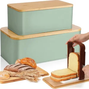 2 Piece Rectangular Metal Farmhouse Bread Box Set with Slicer Bamboo Lids Multi Size Cutting Board & Storage Containers