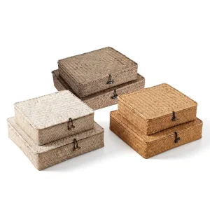 2 Set Natural Handwoven Seagrass Storage Bin Dust-Proof Lidded Woven Basket Home Organizer & Gift Packaging Container