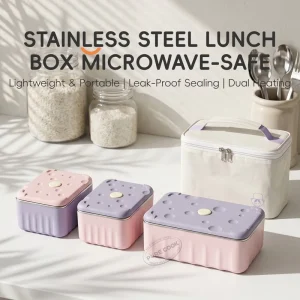 2 Sizes Microwave Heatable Leak Proof Stainless Steel 304 Adult Food Storage Bento Lunch Box Set
