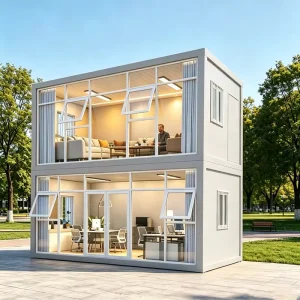 20ft Assembly Prefabricated Tiny Light Steel Structure Glass Curtain Wall Flat Pack Container House for Sale