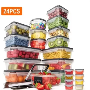 24pcs Food Containers Set with Lids Clear Kitchen Organization Lunch Boxes Plastic Airtight Food Storage Containers Set