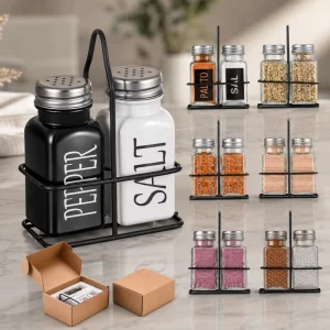 2Pcs Glass Salt and Pepper Shaker Set with Metal Rack Kitchen Spice Jars Seasoning Bottles Custom Logo OEM