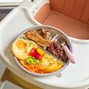 3 Compartment BPA Free 304 Stainless Steel Suction Plate Baby Feeding Silicone Baby Plate Eco friendly Plate for Kid Dining