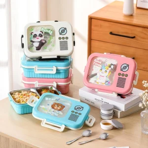 3 Compartment Bento Lunch Box for Kids Plastic Steel Portable Food Storage Containers with Spoon