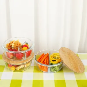 3 Compartment Borosilicate Glass Lunch Box Airtight Bamboo Lid Food Container for Meal Prep Office Daily Food Storage
