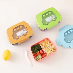 3 Compartment Cartoon Cute Car Design Rectangle BPA Free Heatable Kids School Lunch Box for Boys Outdoor Activity