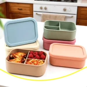 3 Compartment Microwave Heated Lunch Box Food Grade High Temperature Resistant Sealed Silicone Large Capacity Camping Container