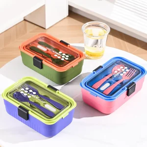3 Compartment Plastic Bento Lunch Box with Spoon Fork Portable Leakproof Divided Food Container Microwave Safe Meal Box for Kids