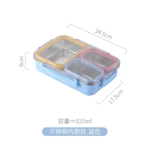 3 Grid 304 Stainless Steel Bento Box Leakproof Silicone Buckle Transparent Cover Portable Lunch Box for Student Office