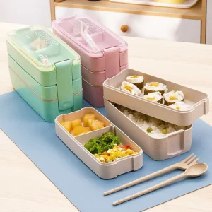 3 In 1 Compartment Eco friendly BPA Free Plastic Leakproof Bento Lunch Box Spoon Fork for Meal Prep Food Storage for Kids Adults