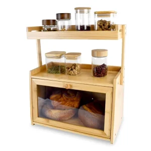 3 in 1 Bamboo Bread Box With Double Layer Storage Shelf Clear Acrylic Window for Kitchen Counter Organizer Station