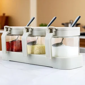 3-in-1 Glass Spice Container Set 255ml Each with Spoon & Storage Base