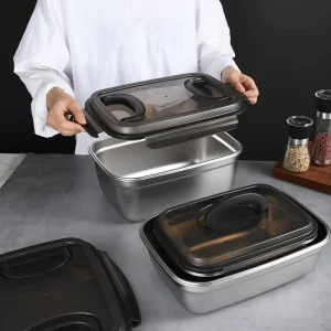 304 Double Compartment Rectangular Microwave Safe Vacuum Sealed Food Grade Stackable Stainless Steel Food Container Lunch Black