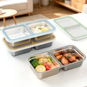 304 Stainless Steel Divided Bento Box with Silicone Lid Lunch Box Portable Leakproof Snack Storage Container for Kids Adults