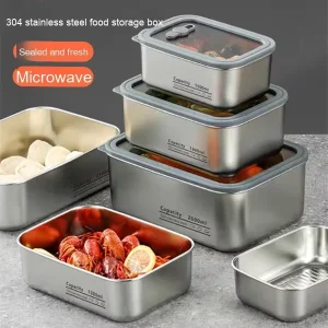 304 Stainless Steel Divided Household Food Storage Box Canteen Lunch Container with Glass Lid for Refrigerator Sealed