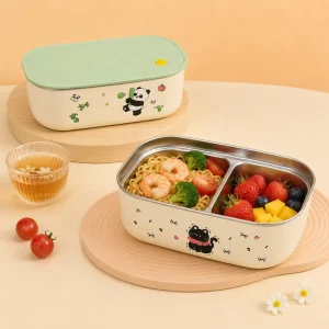304 Stainless Steel Food Grade Dual Tier Square Lunch Box Microwave Safe Cartoon Design Eco Friendly Durable Office Workers