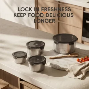 304 Stainless Steel Food Storage Container with Black Transparent Snap Lid Round Airtight Fresh Keeping Box for Meal Prep