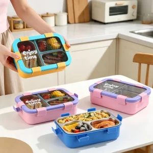 304 Stainless Steel Microwave Safe Bento Lunch Box for Students Compartmentalized Design with 3 Compartments & Included Cutlery