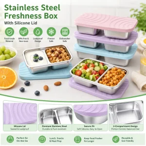304 Stainless Steel Microwave Safe Modern Minimalist Food Storage Container Divided Snack Box Silicone Lid