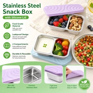 304 Stainless Steel Microwave Safe Modern Minimalist Food Storage Container Divided Snack Box Silicone Lid