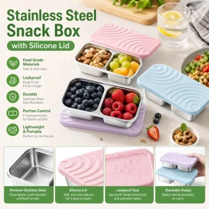 304 Stainless Steel Microwave Safe Modern Minimalist Food Storage Container Divided Snack Box Silicone Lid