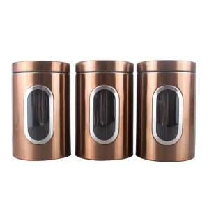 3Pcs Rose Gold Carbon Steel Airtight Food Storage Canister Set, Visible Window Kitchen Container for Coffee Bean Sugar Bulk