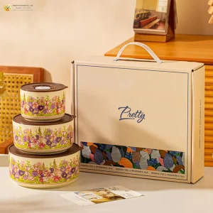 3Pcs Vintage Floral Print Ceramic Storage Bowl Airtight Lid Microwave Safe Food Grade Gift Box Kitchen