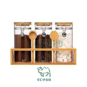 3pcs Glass Coffee Containers With Bamboo Stand Shelf Coffee Canister Set Coffee Bean Storage with Spoon and Holding Rack