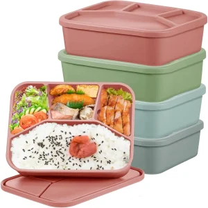 4 Compartment Silicone Bento Lunch Box with Lid Heatable and Microwavable Food Storage Container for Adults and Kids