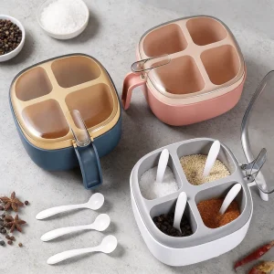 4 Grid Kitchen Seasoning Box PP Plastic Spice Organizer Container Moistureproof Condiment Pots Set with Spoon and Handle