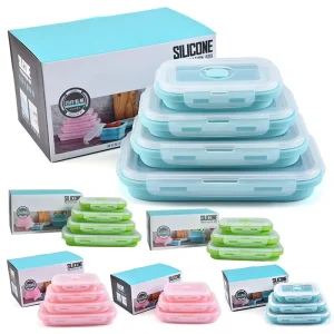 4 Pack Collapsible Bento Box Silicone Food Storage Container Microwave Safe Lunch Box for Kids Camping