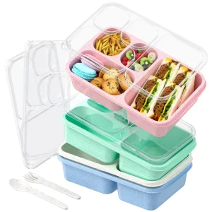 4 Pack Plastic Lid Microwavable Lightweight Eco Friendly Stackable Bento Box Containers Set for School Camping Lunch