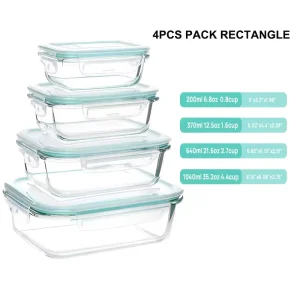 4 Pack Square Microwaveable Airtight Borosilicate Glass Food Storage Container Set with Lid