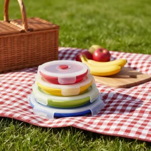 4 Piece Round BPA Free Silicone Collapsible Folding Multi Tier Bento Lunch Box with Portable Travel Food Storage