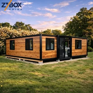 40ft Double Wing Expandable Container House Wood Grain Prefab Modular Villa 3 Bedroom Outdoor Living