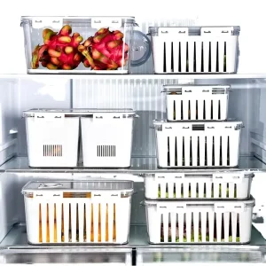 4L Clear Fridge Organizer Box Transparent Refrigerator Storage Container Kitchen Food Storage Box with Drainer Basket