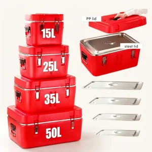 4PCS Red Insulated Food Storage Containers Set 15L 25L 35L 50L Large Capacity Thermal Food Carrier Set LF Portable Hot Pot Set