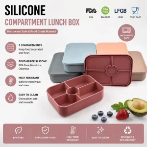 5 Compartments Silicone Lunch Box with Lid Microwave Safe Bento Box Food Storage Container Kids Meal Reusable Kitchen Container