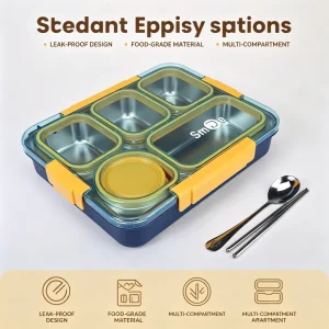 5 Grid Leakproof Stainless Steel Bento Box Divided Lunch Container with Soup Bowl & Spoon Chopsticks for Office School Travel